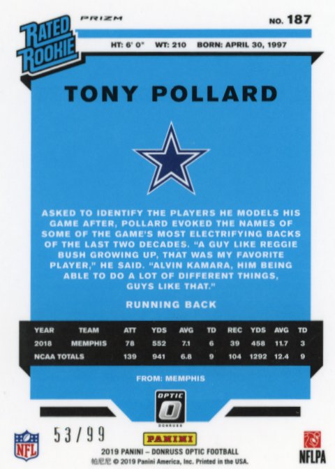 2019 Panini Donruss Optic Tony Pollard Rated Rookie #187 - #/99 Red Cowboys