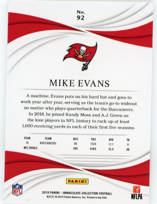 2019 Panini Immaculate Collection Mike Evans #92 - #/20 Green Buccaneers