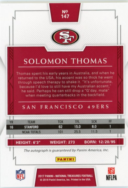 2017 Panini National Treasures Solomon Thomas RC #147 - #/99 Autograph 49ers