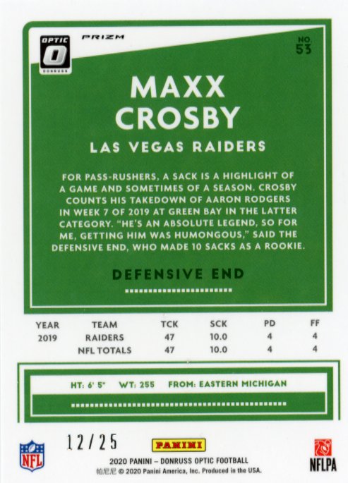 2020 Panini Donruss Optic Maxx Crosby #53 - #/25 Purple FOTL Stars Raiders