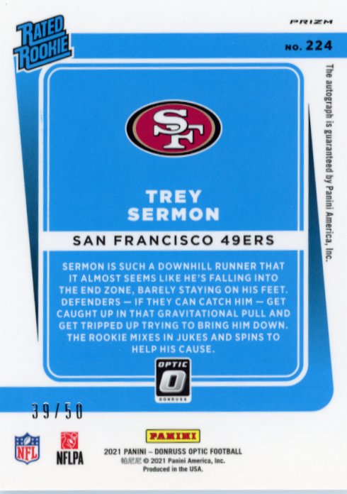 2021 Panini Donruss Optic Trey Sermon Rated Rookie #224 - #/50 Purple FOTL Stars Autograph 49ers