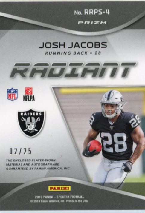 2019 Panini Spectra Josh Jacobs Radiant RC #RRPS-4 - #/25 Autograph Relic Raiders