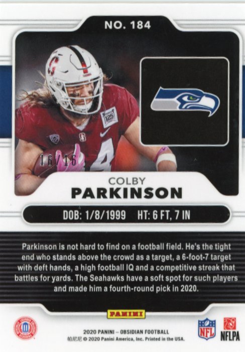 2020 Panini Obsidian Colby Parkinson RC #184 - Purple #/16 Seahawks