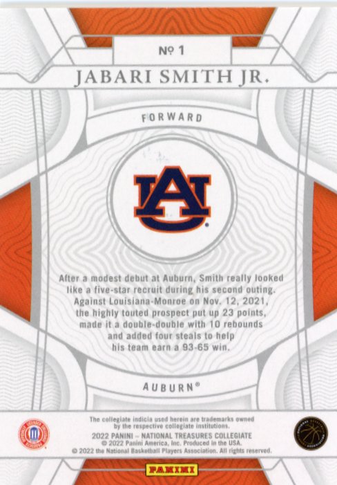 2022 Panini National Treasures Collegiate Jabari Smith Jr. RC #1 - #/49 Rockets