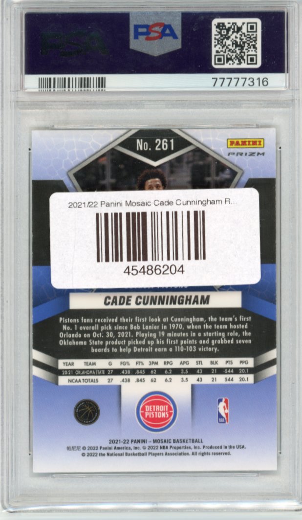 2021/22 Panini Mosaic Cade Cunningham RC #261 - Red Mosaic PSA 10 Pistons