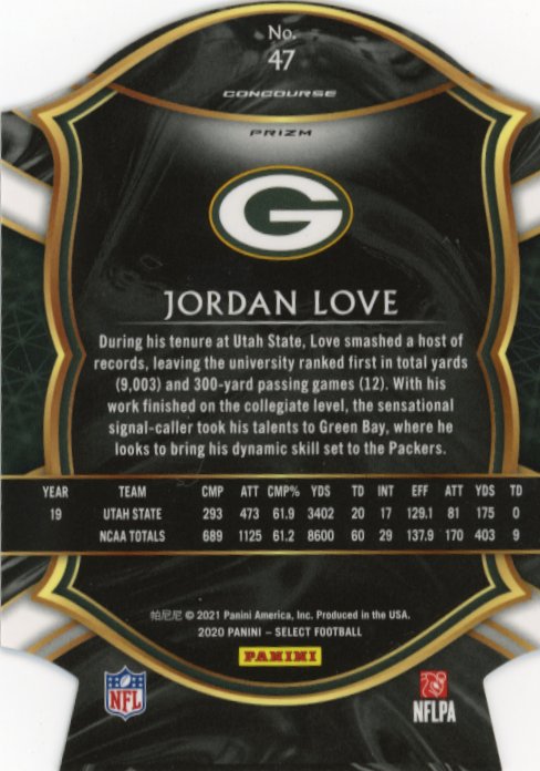 2020 Panini Select Jordan Love RC #47 - Concourse Purple Die-Cut Packers