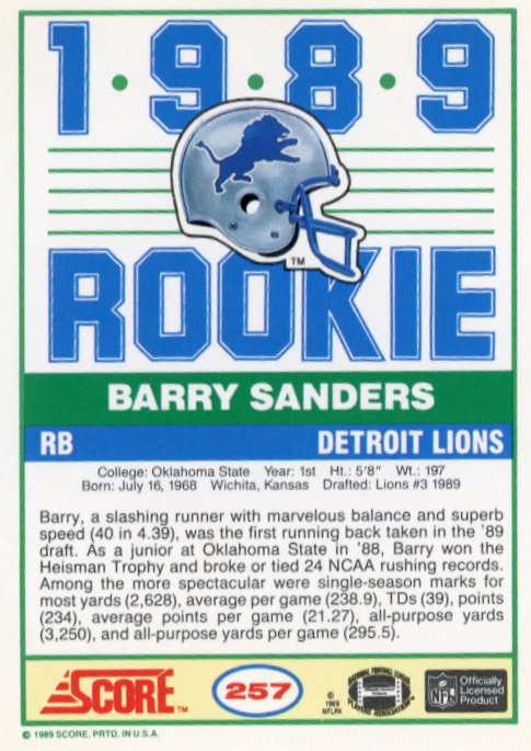 1989 Score Barry Sanders RC #257 - Lions
