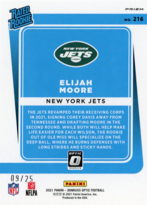 2021 Panini Donruss Optic Elijah Moore Rated Rookie #216 - Black Pandora #/25 Jets