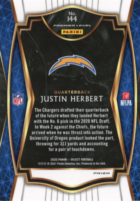 2020 Panini Select Justin Herbert RC #144 - Premier Level Silver Chargers