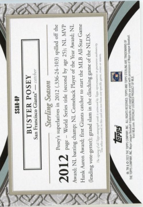 2023 Topps Sterling Buster Posey #SSAR-BP - Dual Patch Autograph #/25 Giants