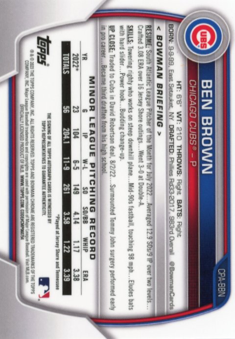 2023 Bowman Chrome Ben Brown 1st #CPA-BBN - #/299 Speckle Autograph Cubs
