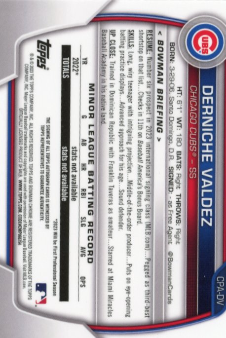 2023 Bowman Chrome Derniche Valdez 1st #CPA-DV - Autograph Cubs