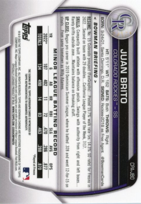 2023 Bowman Chrome Juan Brito 1st #CPA-JBO - #/50 Gold Shimmer Autograph Rockies