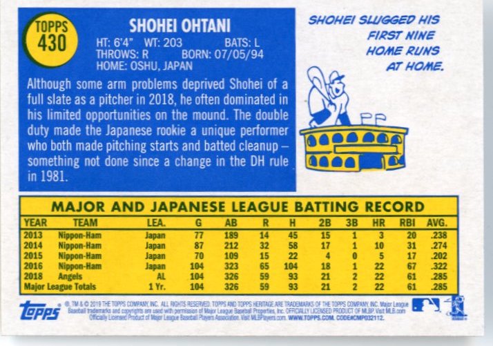2019 Topps Heritage Shohei Ohtani #430 - SP Angels