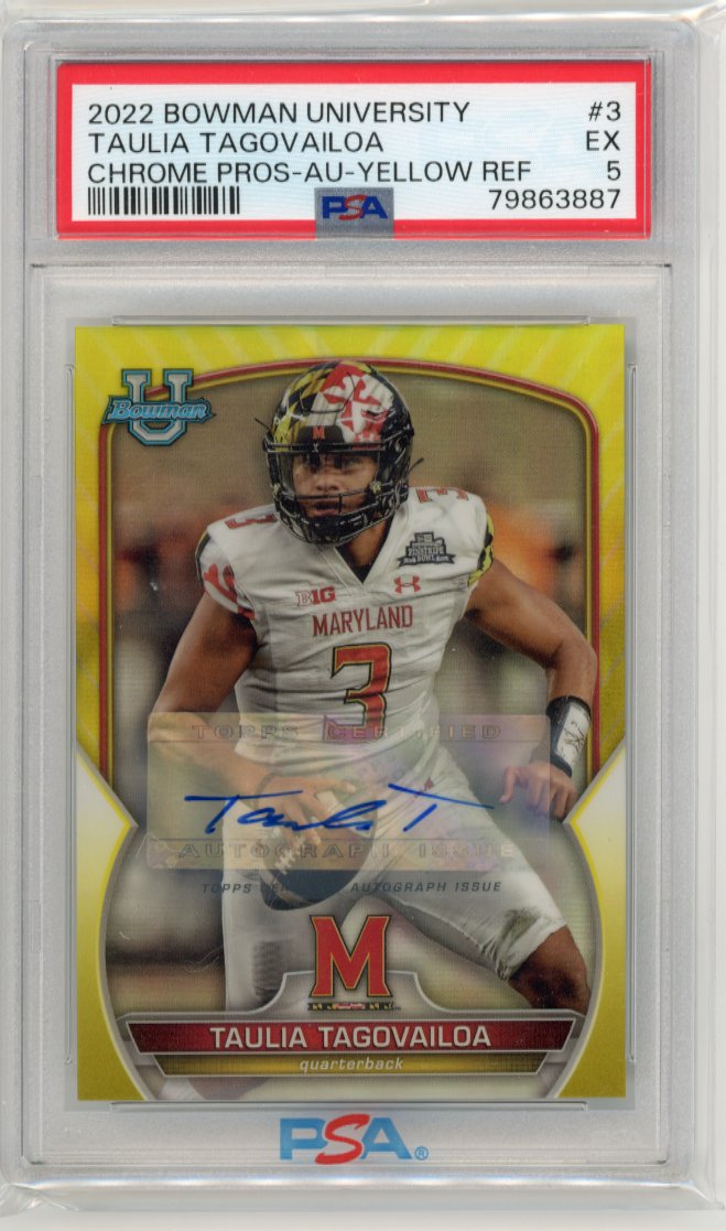 2022 Bowman University Taulia Tagovailoa #3 - #/75 Yellow Chrome Refractor Autograph PSA 5 Maryland