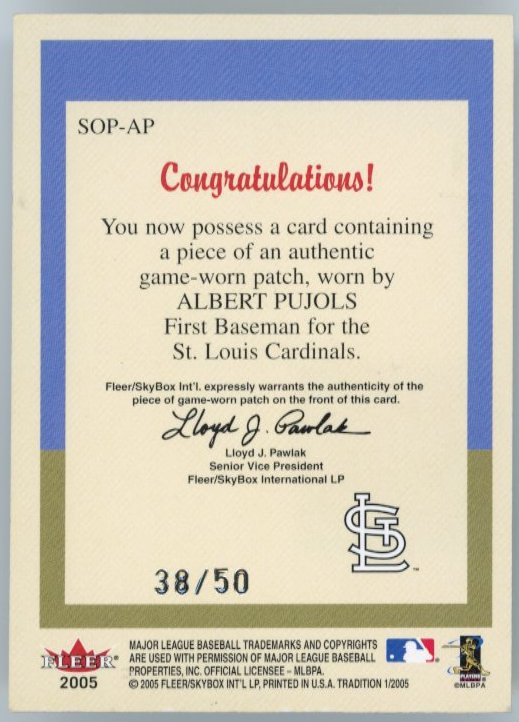 2005 Fleer Albert Pujols StandOuts #SOP-AP - Relic #/50 Cardinals