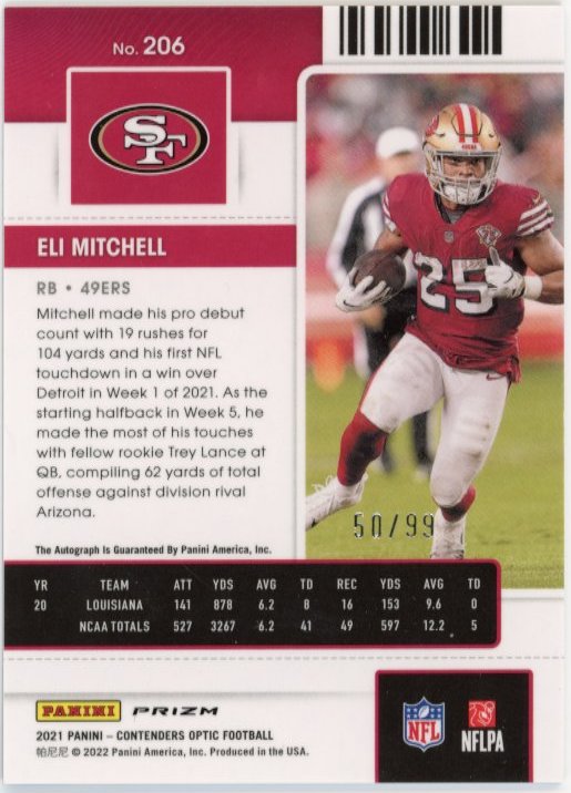 2021 Panini Contenders Optic Eli Mitchell Rookie Ticket RC #206 - Autograph #/99 49ers