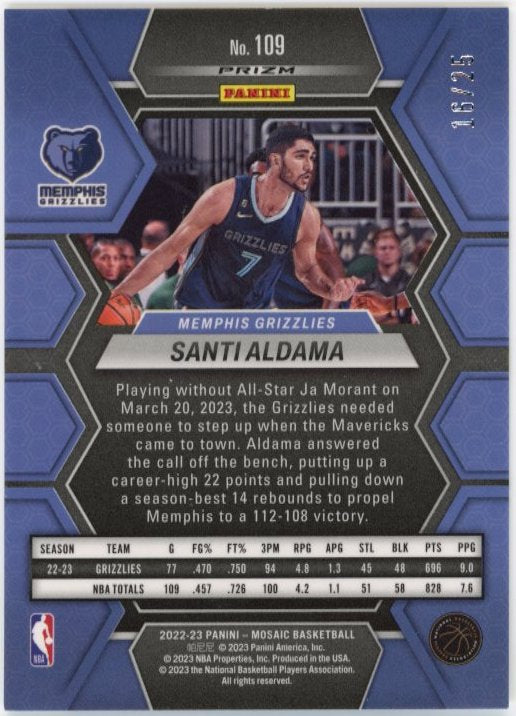 2022/23 Panini Mosaic Santi Aldama #109 - White Mosaic #/25 Grizzlies