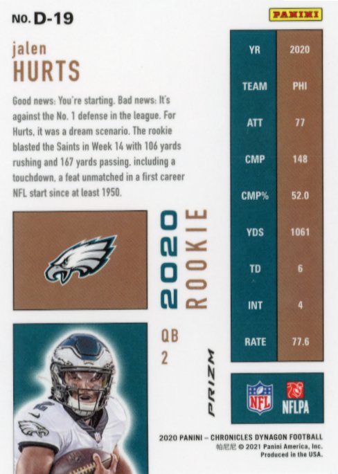 2020 Panini Chronicles Dynagon Jalen Hurts RC #D-19 - Eagles