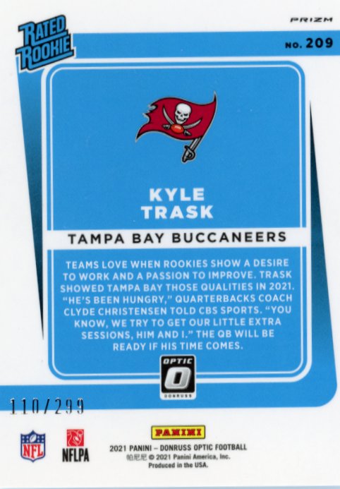 2021 Panini Donruss Optic Kyle Trask Rated Rookie #209 - Blue #/299 Buccaneers