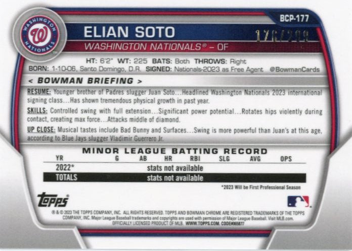 2023 Bowman Chrome Elian Soto #BCP-177 - #/299 Speckle Nationals