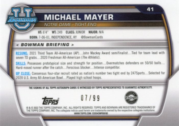 2022 Bowman Chrome University Michael Mayer #41 - #/99 Green Autograph