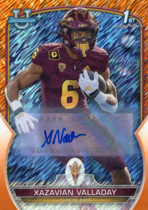 2022 Bowman Chrome University Xazavian Valladay #64 - #/25 Orange Shimmer Autograph