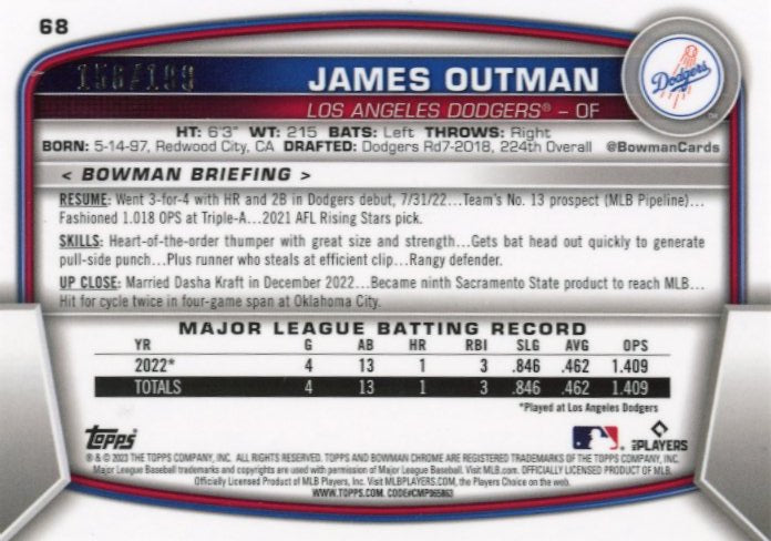 2023 Bowman Chrome James Outman RC #68 - #/199 Aqua Raywave Dodgers