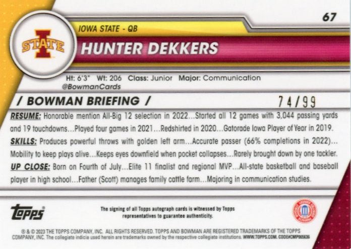 2023 Bowman Chrome University Hunter Dekkers #67 - #/99 Green Autograph