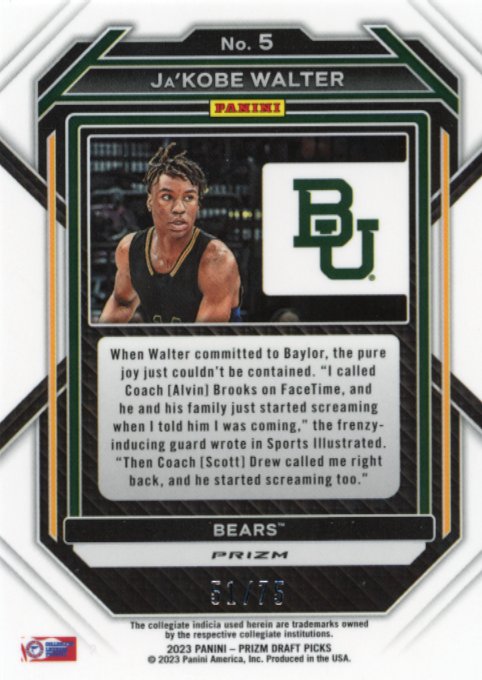2023 Panini Prizm Draft Picks Ja'Kobe Walter #5 - #/75 Purple