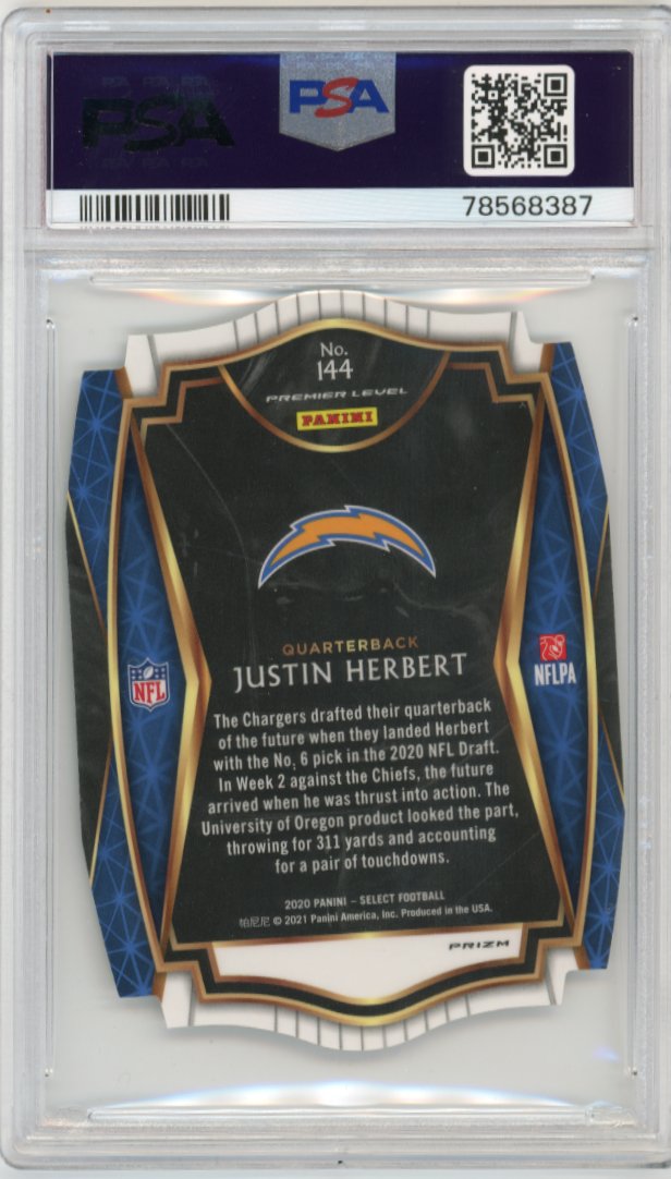 2020 Panini Select Justin Herbert RC #144 - Die-Cut White PSA 10 Chargers