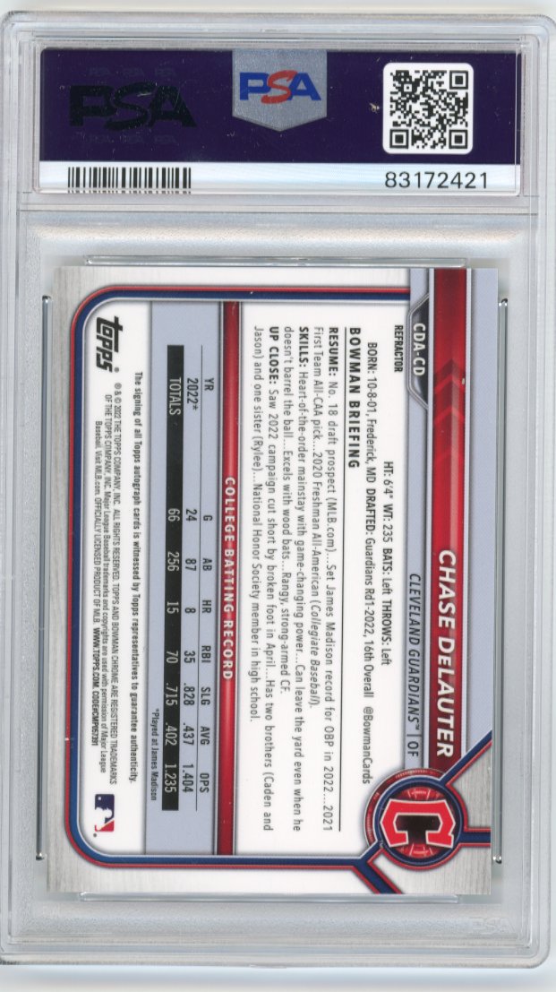 2022 Topps Bowman Chrome Chase DeLauter 1st Bowman #CDA-CD - Autograph #/499 PSA 9 Guardians
