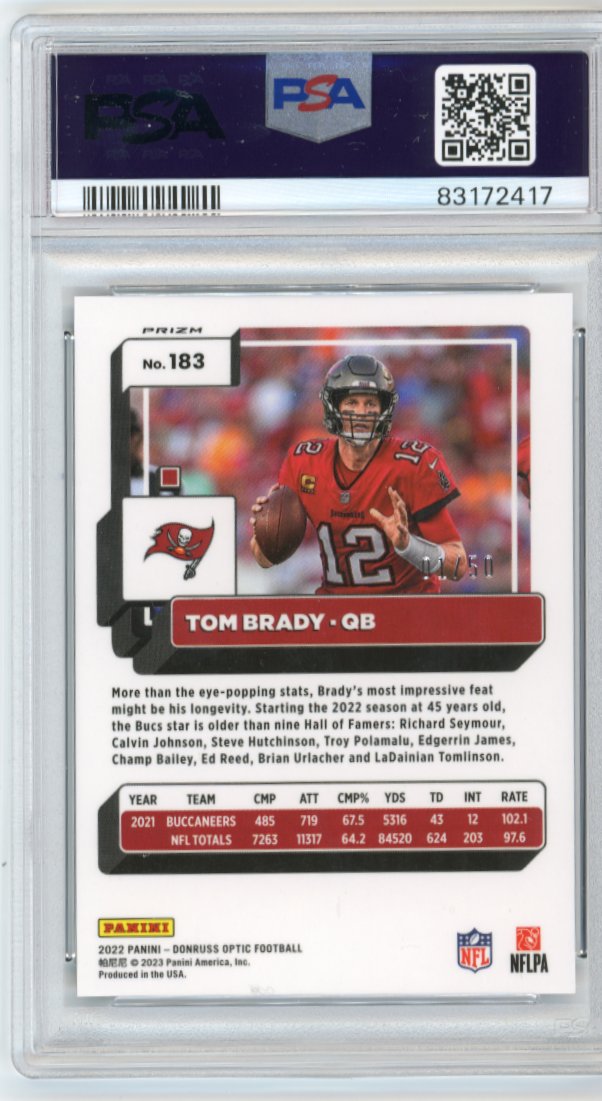 2022 Panini Donruss Optic Tom Brady #183 - Purple #/50 PSA 9 Buccaneers