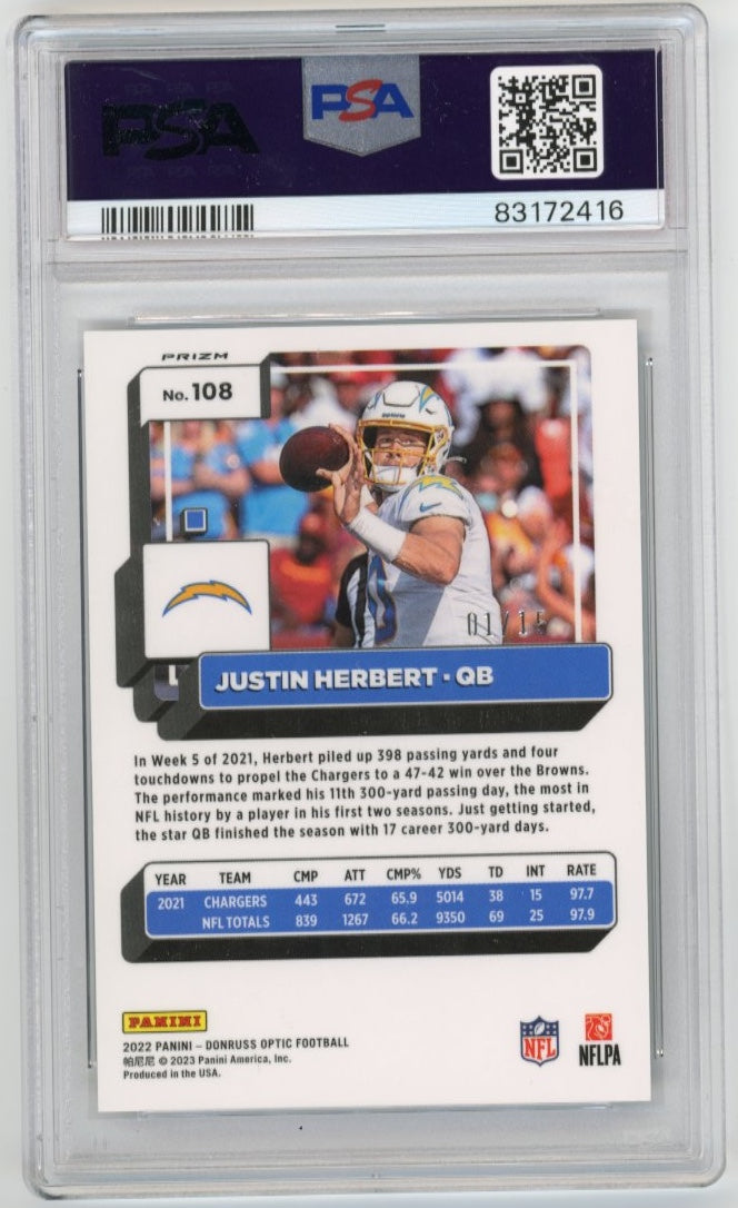 2022 Panini Donruss Optic Justin Herbert #108 - Purple Stars #/15 PSA 10 Chargers
