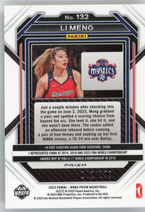 2023 Panini WNBA Prizm Li Meng RC #132 - Red #/199 Mystics