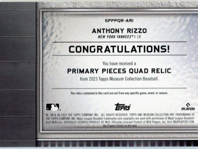 2023 Topps Museum Collection Anthony Rizzo Primary Pieces #SPPPQR-ARI - Quad Relic #/99 Yankees