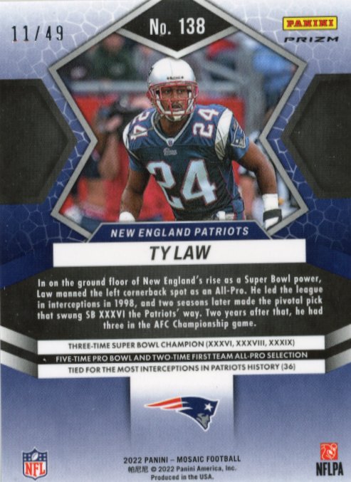 2022 Panini Mosaic Ty Law #138 - #/49 Purple Patriots
