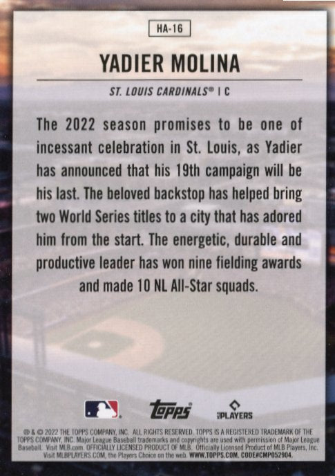 2022 Topps Yadier Molina #HA-16 - Home Field Advantage SP Cardinals