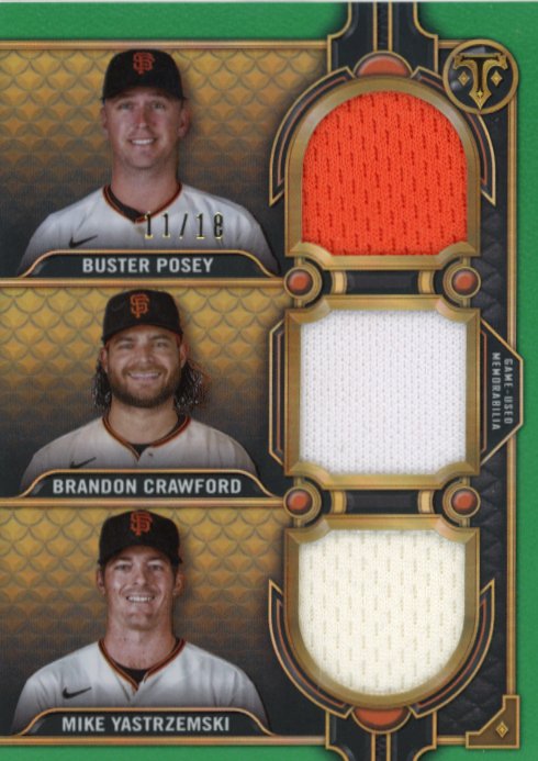 2022 Topps Triple Threads Buster Posey Brandon Crawford Mike Yastrzemski #RCC-PCY - #/18 Green Triple Relic Giants