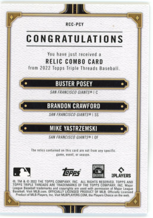 2022 Topps Triple Threads Buster Posey Brandon Crawford Mike Yastrzemski #RCC-PCY - #/18 Green Triple Relic Giants