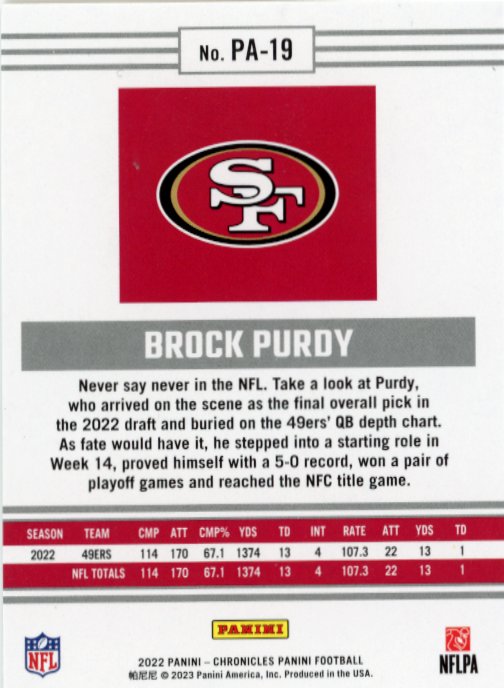 2022 Panini Chronicles Brock Purdy RC #PA-19 - 49ers