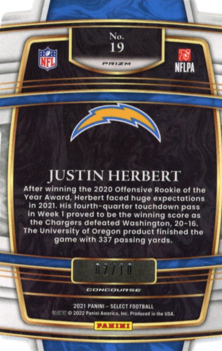 2021 Panini Select Justin Herbert #19 - #/10 Gold Die Cut Chargers