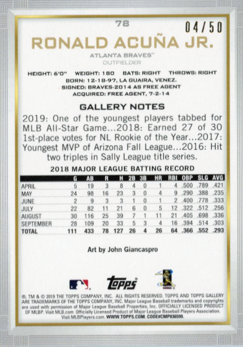 2019 Topps Gallery Ronald Acuna Jr. #78 - #/50 Blue Braves
