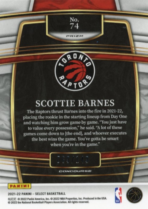 2021/22 Panini Select Scottie Barnes RC #74 - #/149 Raptors