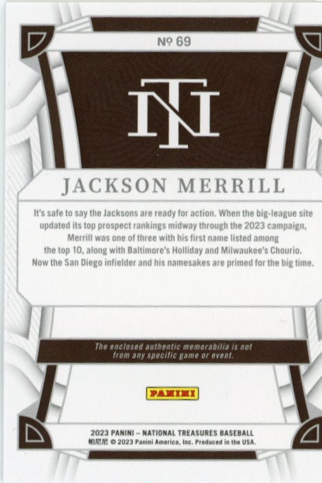 2023 Panini National Treasures Jackson Merrill #69 - Relic Purple #/3 Padres