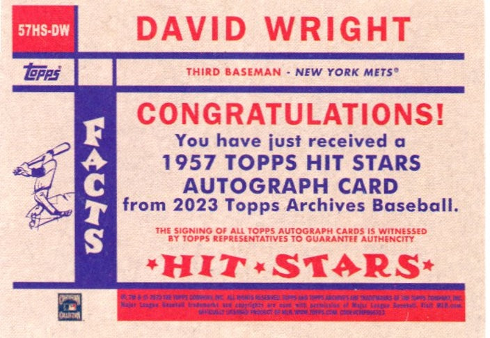 2023 Topps Archives David Wright #57HS-DW - Autograph Mets