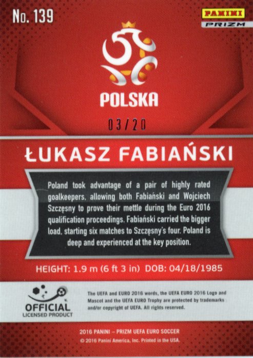 2016 Panini Prizm UEFA Euro Lukasz Fabianski #139 - Orange #/20