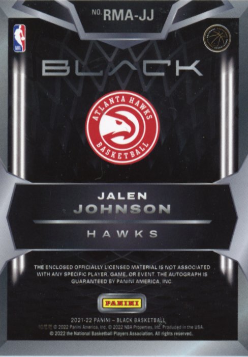2021/22 Panini Black Jalen Johnson Rookie Memorabilia RC #RMA-JJ - Autograph Relic #/49 Hawks