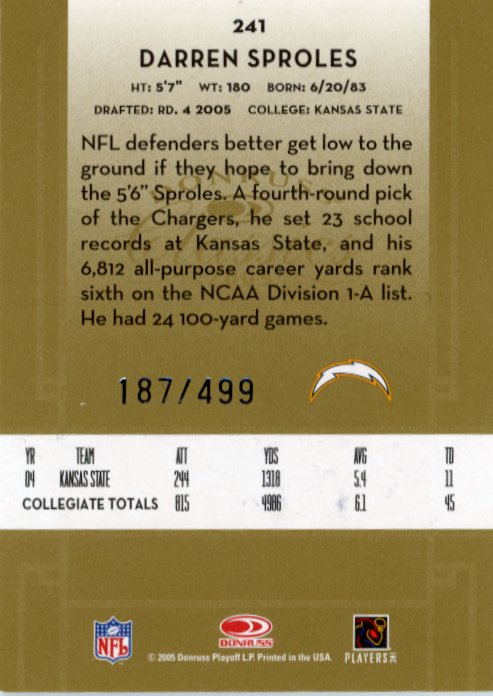 2005 Donruss Classics Darren Sproles RC #241 - Autograph #/499 Chargers