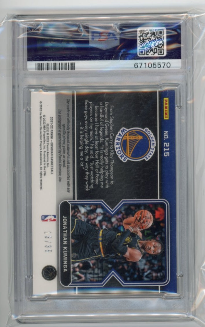 2021/22 Panini Obsidian Jonathan Kuminga RC #215 - Orange #/35 Autograph Relic PSA 9 Warriors